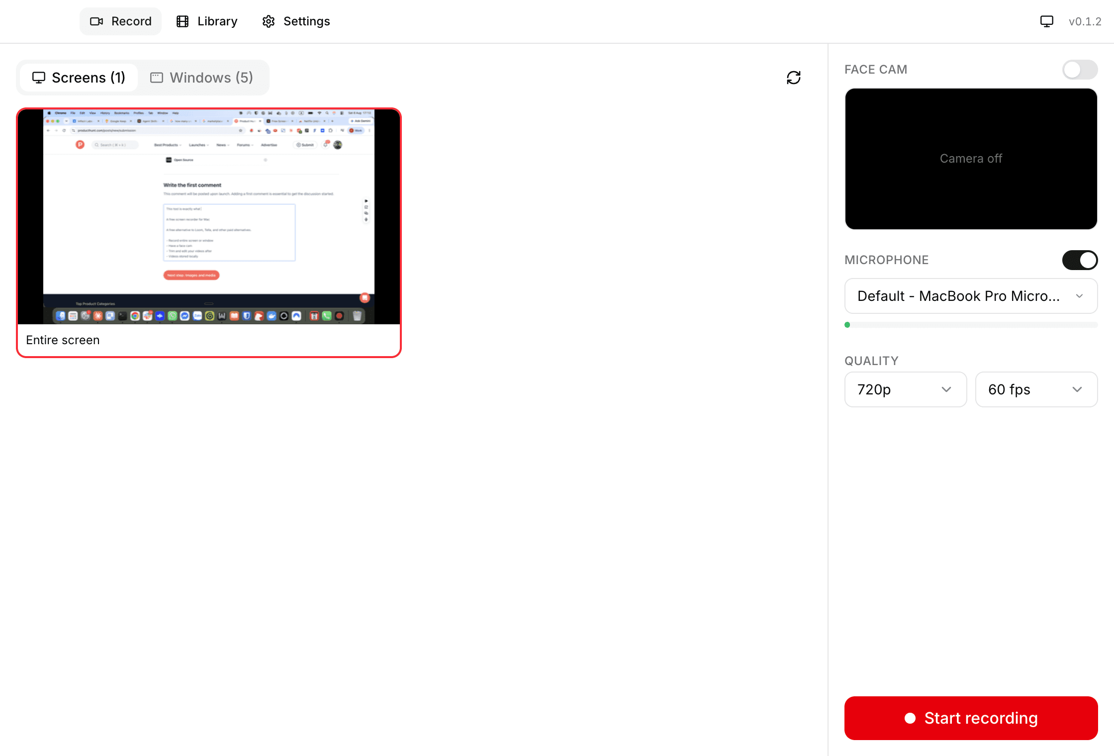 The Free Mac Screen Recorder app: a picker showing available screens and windows, with face cam, microphone and quality settings alongside.